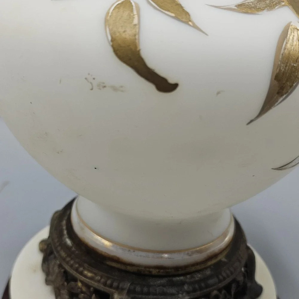 Vintage Gold Floral Milk Glass Table Lamp Marble Base 19